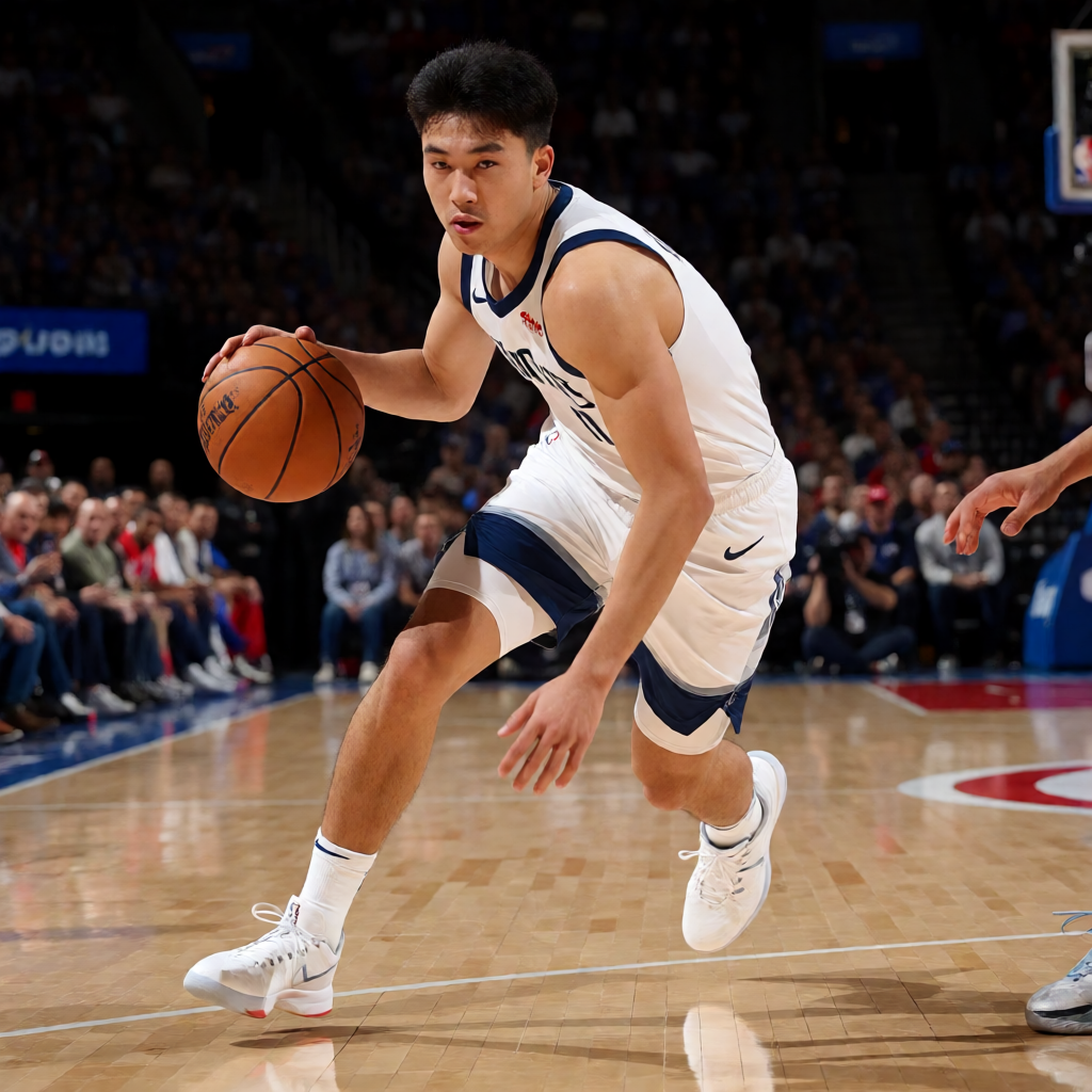 NBA篮球比赛现场，球员在球场上激烈对抗