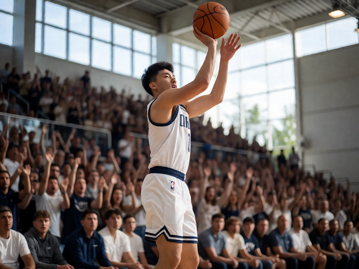 NBA比赛中球员投篮瞬间，篮球馆内观众热情高涨